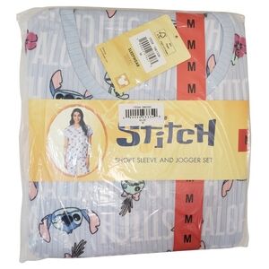 DISNEY Pajama Set Women Blue Stitch 2-Piece Short Sleeve Top & Jogger Set NWT